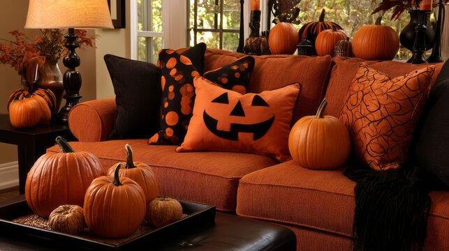 Halloween living room decorated with pumpkins and jack o lantern pillow, cozy autumn home interior with festive seasonal decorations, warm spooky atmosphere and stylish holiday decor