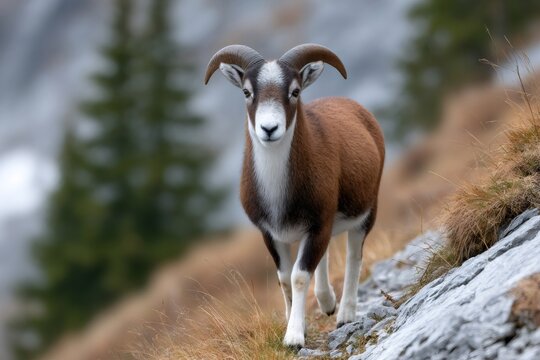 Mouflon ram walking on rocky mountain terrain