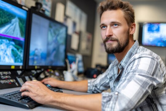 Operator monitoring security cameras in control room