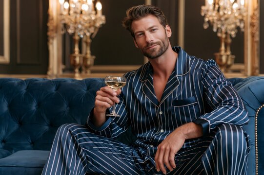 Man relaxing in striped pajamas holding champagne glass