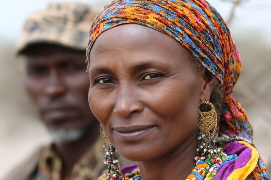 African woman wearing colorful headscarf and traditional beads