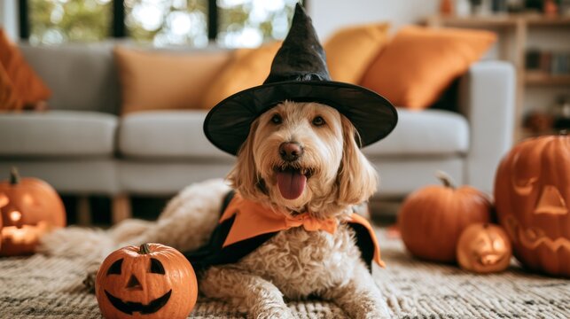 Happy dog wearing witch hat in cozy living room with pumpkins and halloween decorations, festive pet costume and autumn home decor