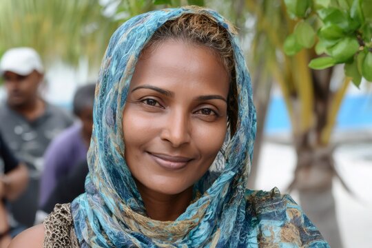 Maldivian woman smiling wearing headscarf outdoors close up