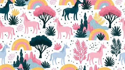 Fototapeta premium Unicorns and rainbows in a whimsical forest pattern