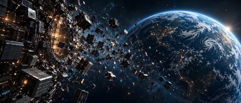 Orbital data center architecture surrounding earth representing hyperscale cloud computing infrastructure and global internet connectivity