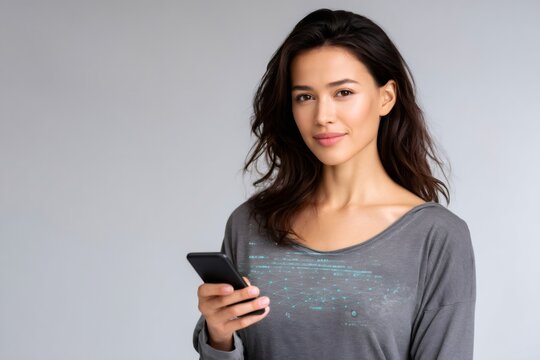 Young woman smiling while holding smartphone with data