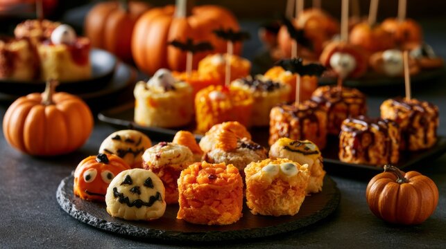 Spooky halloween snacks on table with carved pumpkins, scary party food, festive autumn decorations, eerie seasonal atmosphere, horror themed treats and celebration background