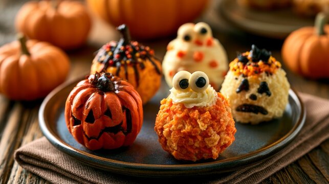 Spooky halloween snacks on table with carved pumpkins, scary party food, festive autumn decorations, eerie seasonal atmosphere, horror themed treats and celebration background