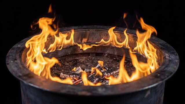 Blazing fire pit with orange flames, circular metal fire bowl with burning embers, glowing outdoor bonfire at night for backyard camping