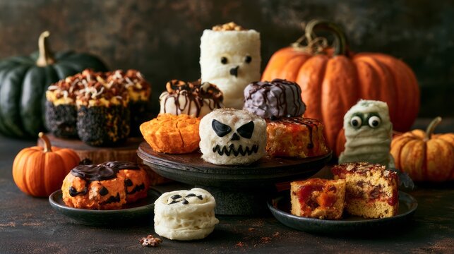 Spooky halloween snacks on table with carved pumpkins, scary party food, festive autumn decorations, eerie seasonal atmosphere, horror themed treats and celebration background