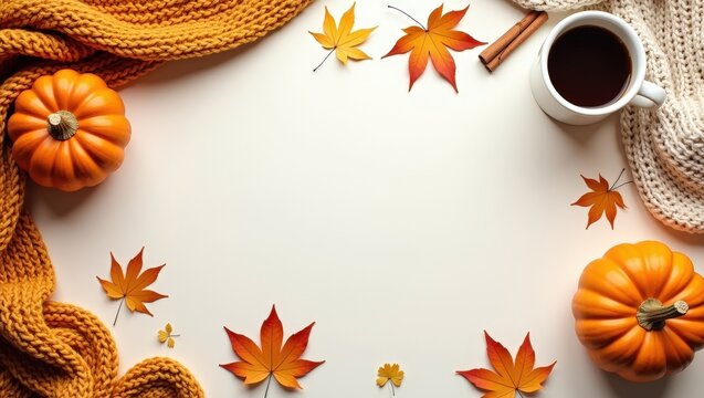 Cozy autumn flat lay with pumpkins, warm knitted blankets, coffee, maple leaves and cinnamon on a light background. Seasonal fall composition with copy space for text, banners and designs