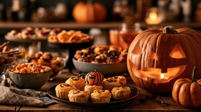 Spooky halloween snacks on table with carved pumpkins, scary party food, festive autumn decorations, eerie seasonal atmosphere, horror themed treats and celebration background