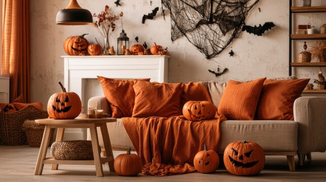 Halloween home interior with glowing jack o lantern pumpkins on sofa, festive holiday decorations, cozy autumn living room, warm seasonal party atmosphere and spooky celebration decor