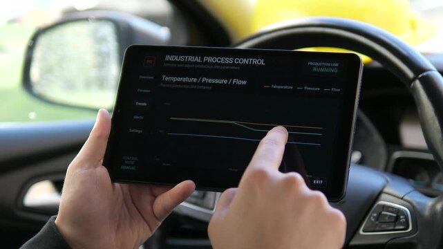 Technician reviews temperature, pressure and flow trends on a tablet, monitoring live production behavior through a digital industrial process control system.