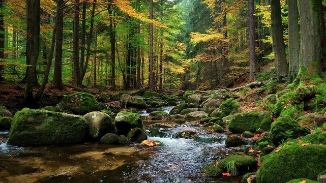 Autumn forest stream with mossy rocks and flowing water. Peaceful nature landscape with vibrant yellow foliage, fallen leaves, and fresh running water. Shot in high quality 4K resolution.