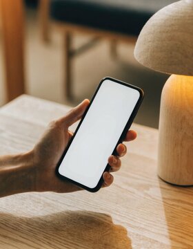Hand holding a smartphone with a blank white screen next to a lamp