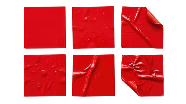 Set of six red adhesive tape squares with different textures isolated on transparent background