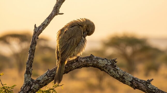 Honeyguide Bird Preening Feathers at Sunset Photo