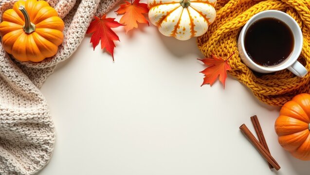 Cozy autumn flat lay with pumpkins, warm knitted blankets, coffee, maple leaves and cinnamon on a light background. Seasonal fall composition with copy space for text, banners and designs
