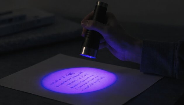 Hand holding uv flashlight illuminating handwritten text on paper