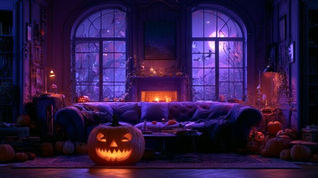Luxury purple themed halloween lounge interior with glowing jack o lantern, elegant seasonal decorations, cozy festive atmosphere, dark glamorous home decor, spooky autumn celebration background and s