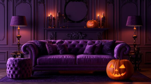 Luxury purple themed halloween lounge interior with glowing jack o lantern, elegant seasonal decorations, cozy festive atmosphere, dark glamorous home decor, spooky autumn celebration background and s