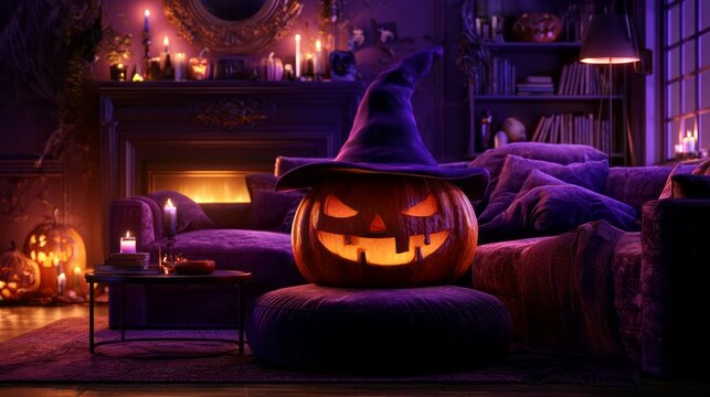 Luxury purple themed halloween lounge interior with glowing jack o lantern, elegant seasonal decorations, cozy festive atmosphere, dark glamorous home decor, spooky autumn celebration background and s