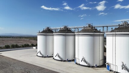 white industrial grain silos under blue sky © zhu difeng
