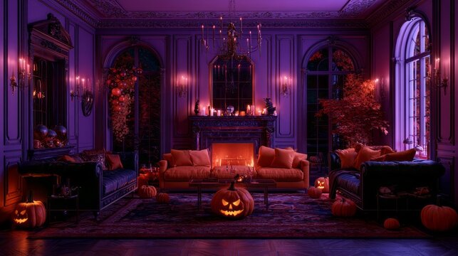 Luxury purple themed halloween lounge interior with glowing jack o lantern, elegant seasonal decorations, cozy festive atmosphere, dark glamorous home decor, spooky autumn celebration background and s