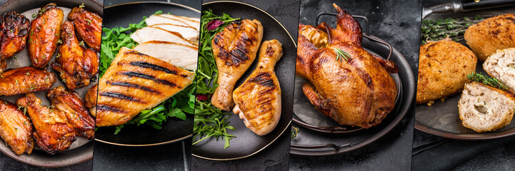Golden chicken wings breast drumsticks whole roasted duck and breaded cutlets in a poultry collage on dark backgrounds © Mironov