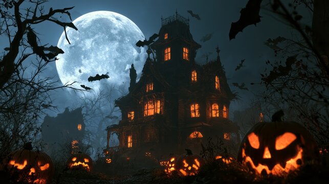 Spooky halloween night scene with haunted house, full moon, flying bats and glowing pumpkins in a dark eerie autumn landscape