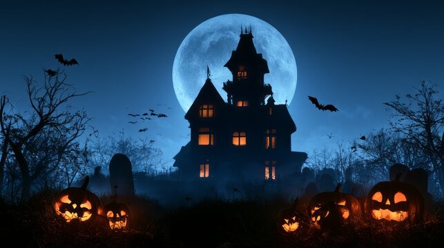 Spooky halloween night scene with haunted house, full moon, flying bats and glowing pumpkins in a dark eerie autumn landscape