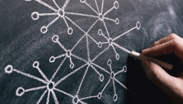 Hand interconnected nodes on a blackboard with chalk