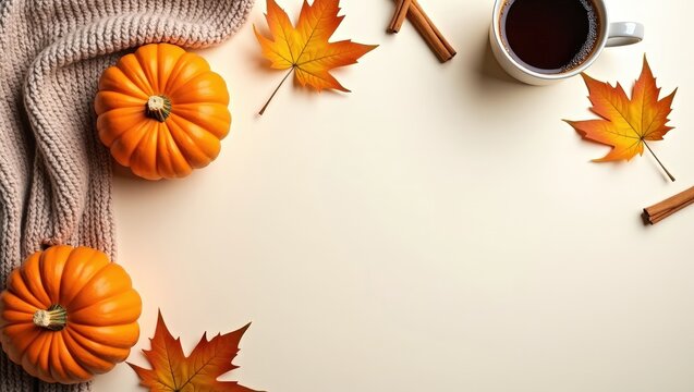 Cozy autumn flat lay with pumpkins, warm knitted blankets, coffee, maple leaves and cinnamon on a light background. Seasonal fall composition with copy space for text, banners and designs