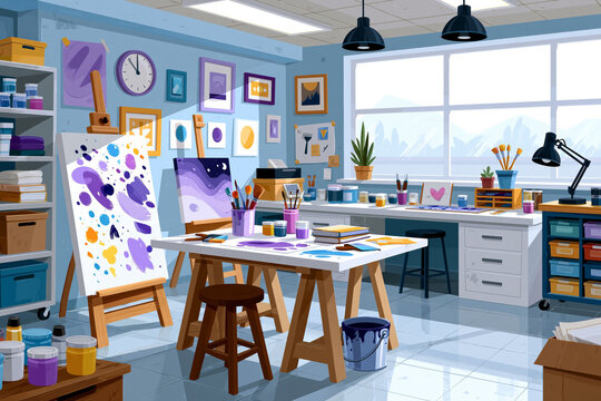 Colorful art learning area with easels, paint supplies, storage carts and creative workspace, minimalist classroom design