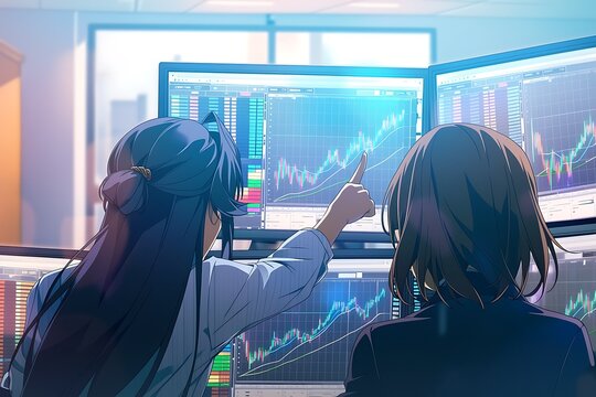 Anime style traders analyzing stock market chart pointing at bullish trend