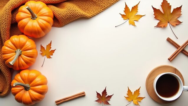 Cozy autumn flat lay with pumpkins, warm knitted blankets, coffee, maple leaves and cinnamon on a light background. Seasonal fall composition with copy space for text, banners and designs