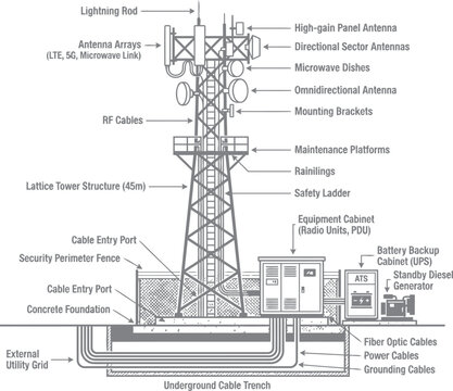 Telecommunications tower with detailed labels showing antenna arrays and ground equipment during daytime clear sky