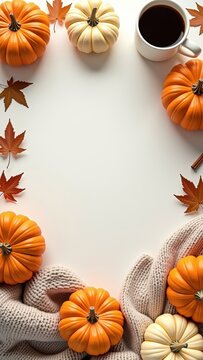 Cozy autumn flat lay with pumpkins, warm knitted blankets, coffee, maple leaves and cinnamon on a light background. Seasonal fall composition with copy space for text, banners and designs