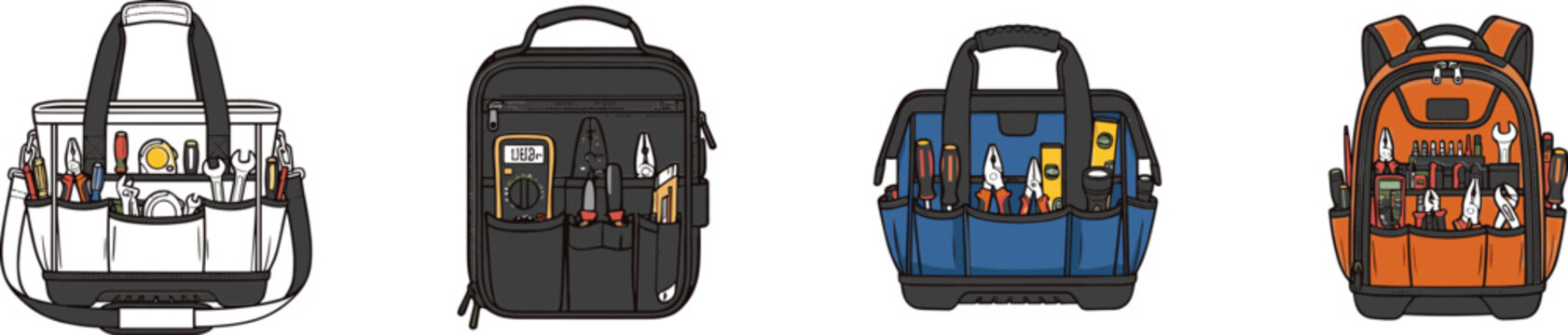 Assortment of tool bags and backpack in outline black blue and orange for mechanics