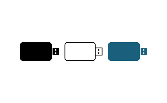USB flash drive solid icon set. Features storage devices in black, outline, and blue colors. Vector icons for data transfer, memory storage, and computer technology.