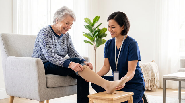 Healthcare professional fitting compression stocking on senior woman