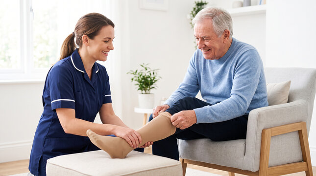 Healthcare professional fitting compression stocking on senior man