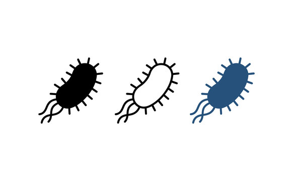 Bacterium microbe icon set. Includes solid, outline, and blue virus symbols. Clean vector icons for medical research, laboratory testing, and healthcare presentations.