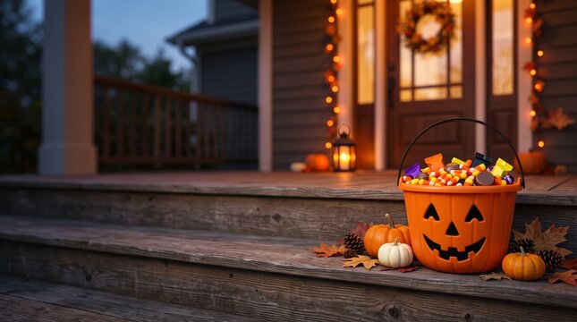 Halloween trick or treat candy bucket on porch with copy space