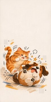 Playful cartoon cat and dog tumbling in a cute illustration on beige vertical mobile wallpaper