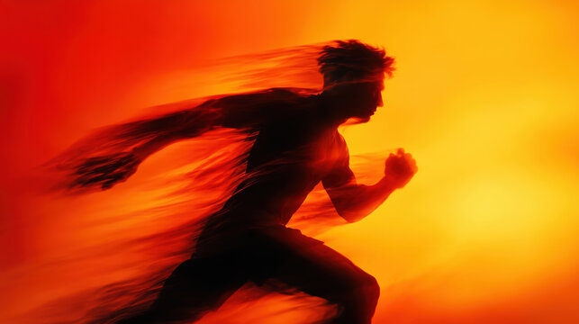 Dramatic runner silhouette sprinting with motion blur conveying speed and energy against a red and orange background