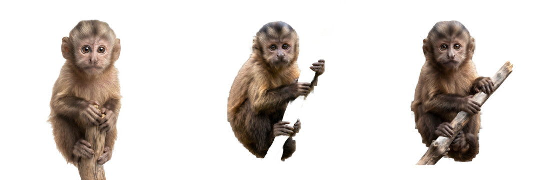 Cute young capuchin monkey holding a branch isolated on a white background   