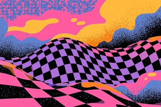 Abstract Y2K checkerboard landscape with neon pink and purple waves. Retro digital background with pixelated star field. Y2K aesthetic and futuristic design. Synthwave wallpaper and banner