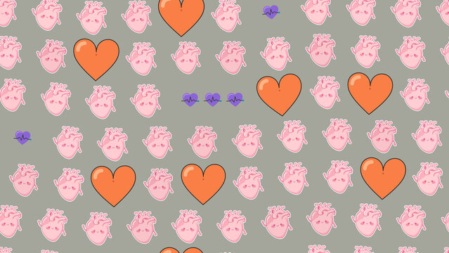 Cartoon anatomical hearts and orange hearts pattern